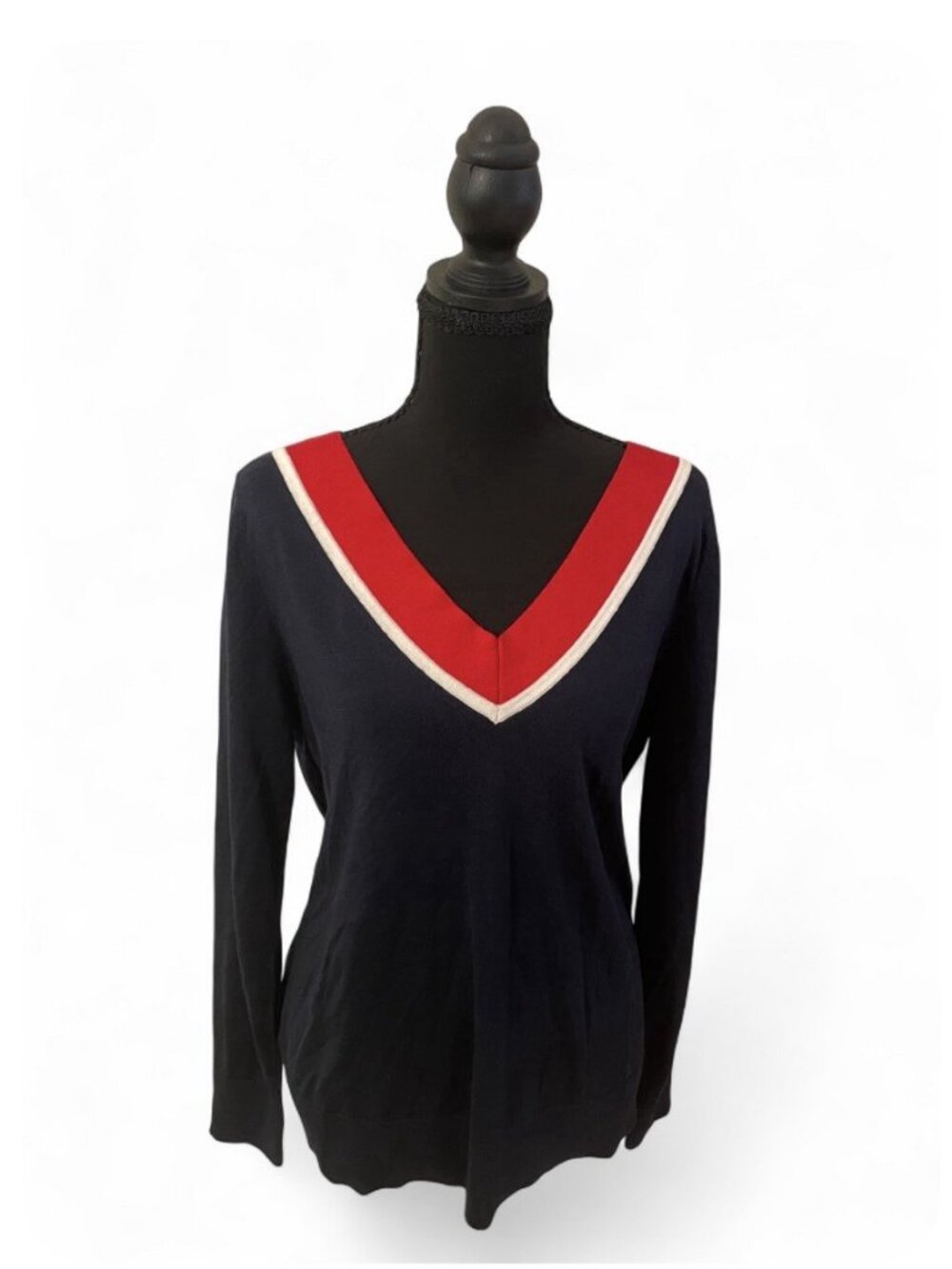 Silk Cashmere Banana Republic Sweater V-Neck Preppy Academia Nautical Navy Red M